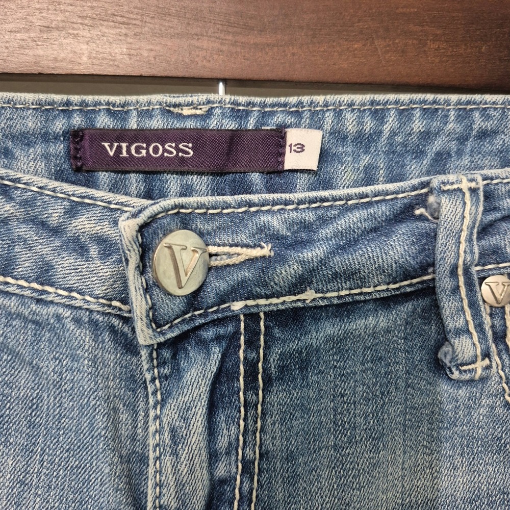 Vigoss Womens Light Wash Distressed Bootcut Jeans Size 13 Low Rise Flap Pocket - Picture 5 of 9